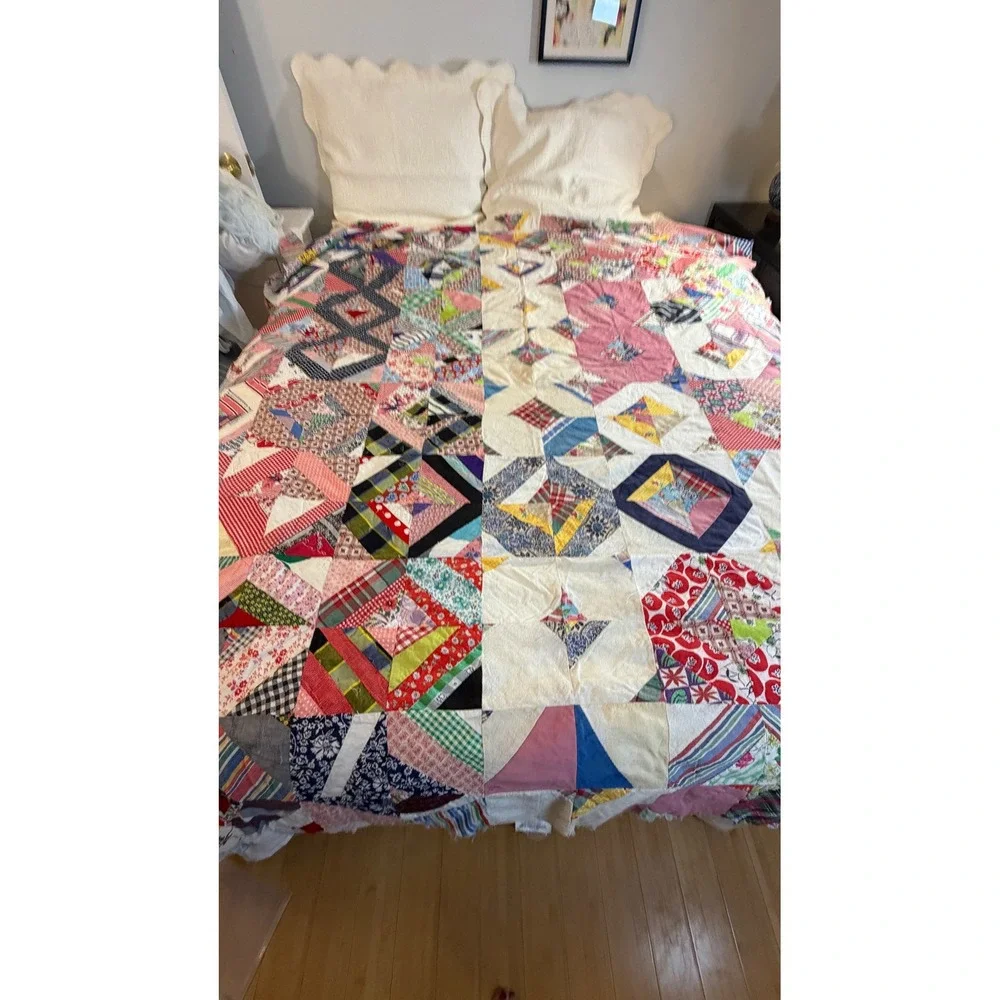 Vintage Hand Pieced Scrap Quilt Top Unfinished Varied  Cotton Colorful Patchwork